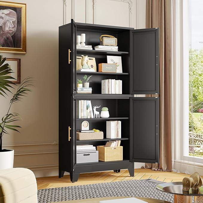 75" H Tall Kitchen Pantry Cabinet, Pantry Storage with Doors and 3 Adjustable Shelves, Metal Storage, Cupboard for Kitchen, Black - NeatNest