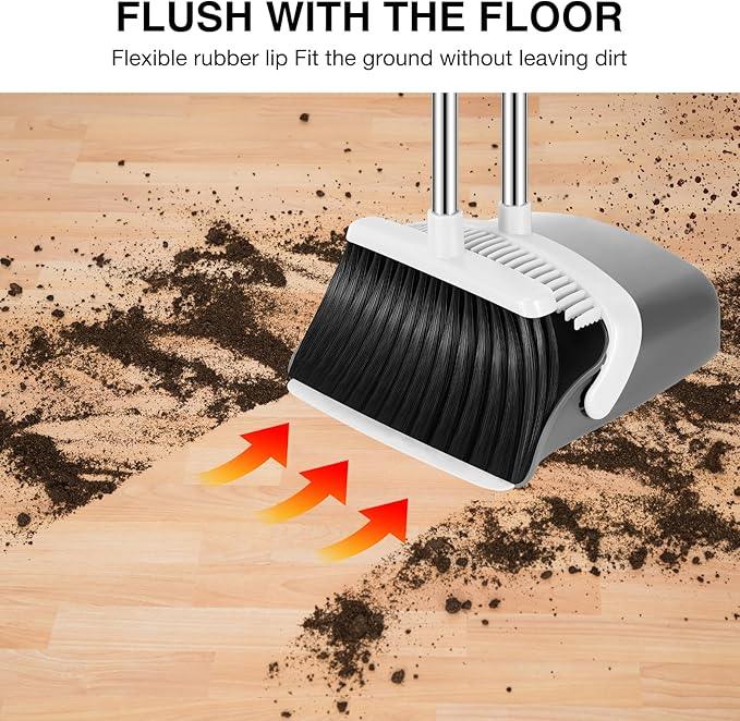 NACENA Broom and Dustpan Set, 52-in Long Adjustable Handle Broom Dustpan Combo with Dustpan Teeth to Automatically Clean Hair Suitable for Home Kitchen Office Hall Floor (Grey&White), 4 Pack - NeatNest