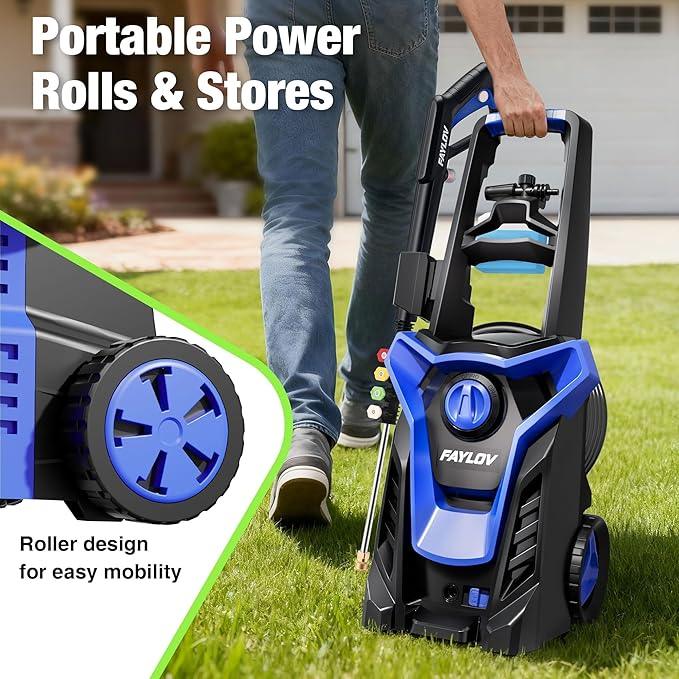 Pressure Washer, True High Power Washer with GFCI Safety Plug & No-Bend 360° Nozzle, Complete with Foam Cannon & 4 Nozzles for Car, Patio - NeatNest