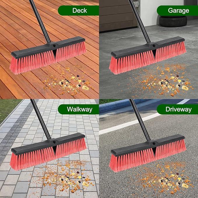 18 Inches Push Broom Outdoor- Heavy Duty Commercial Broom with 64.5" Long Handle and Stiff Bristles for Patio Garage Deck Concrete Wood Stone Tile Driveway Yard Warehouse Shop Floor Cleaning - NeatNest