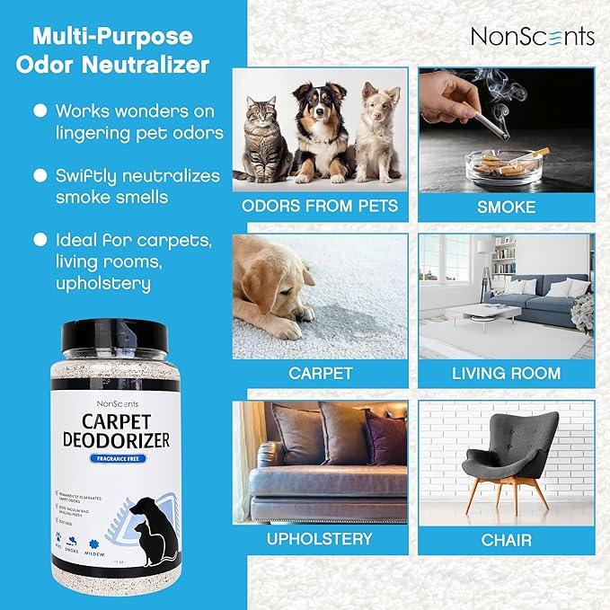 NonScents Carpet & Rug Odor Eliminator - Safe & Fragrance-Free Pet Carpet Deodorizer - Cat and Dog Smell Neutralizer - Removes Pet Urine Odors - Fresh Scent Powder in Pet Areas at Home - NeatNest