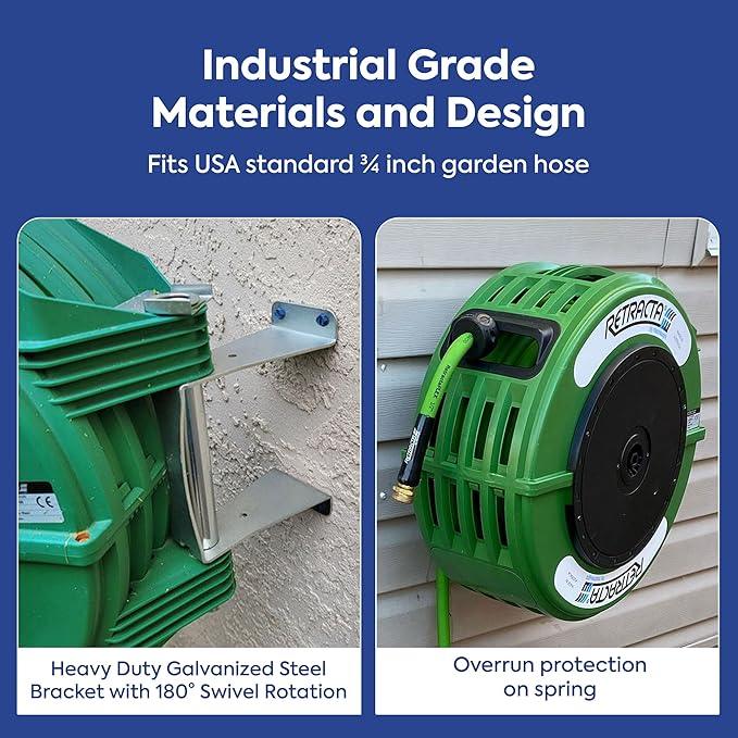 Macnaught Retractable Garden Hose Reel, 60 Ft Water Hose Reel Heavy Duty Retractable Hose with Metal 180° Swivel Rotation Bracket for Wall Mount - Green - NeatNest