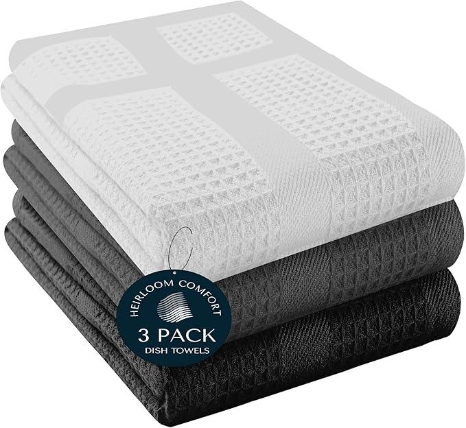 3 Pack Multi Color Waffle Weave Kitchen Towels, 16x26 Inch, 100% Cotton, Super Absorbent, Quick Dry, Hand Towels for Drying Dishes, Cleaning, Durable - White, Grey, Black - NeatNest