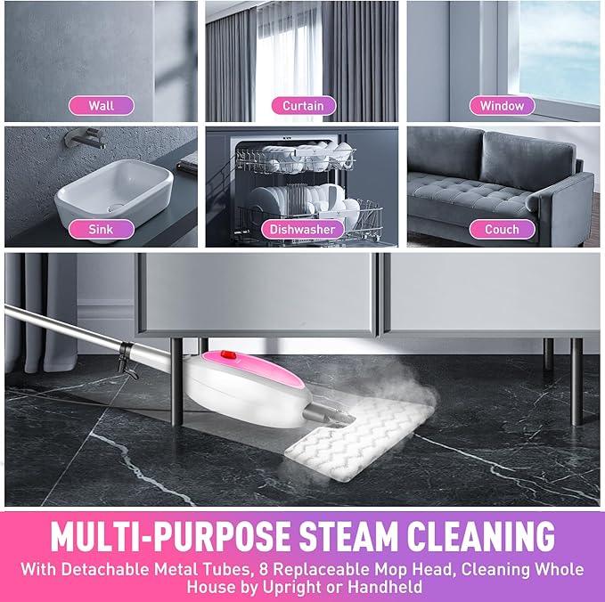 Steam Mop, Detachable Handheld Steam Cleaner with 10-in-1 Multipurpose Accessories, Two-sided Mop, Double Cleaning Area, Multi Surfaces Steamer for Wood Floor, Tile, Window, Clothes, Furniture & Grout - NeatNest