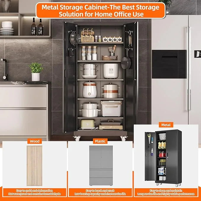 SUXXAN Garage Storage Cabinet with Wheels Pegboard and 5 Adjustable Shelves, 71'' x 32'' x 16''Metal Lockable Cabinet with Magnetic Doors,Tool Storage,Home Office Garage,Gym,School (Black) - NeatNest