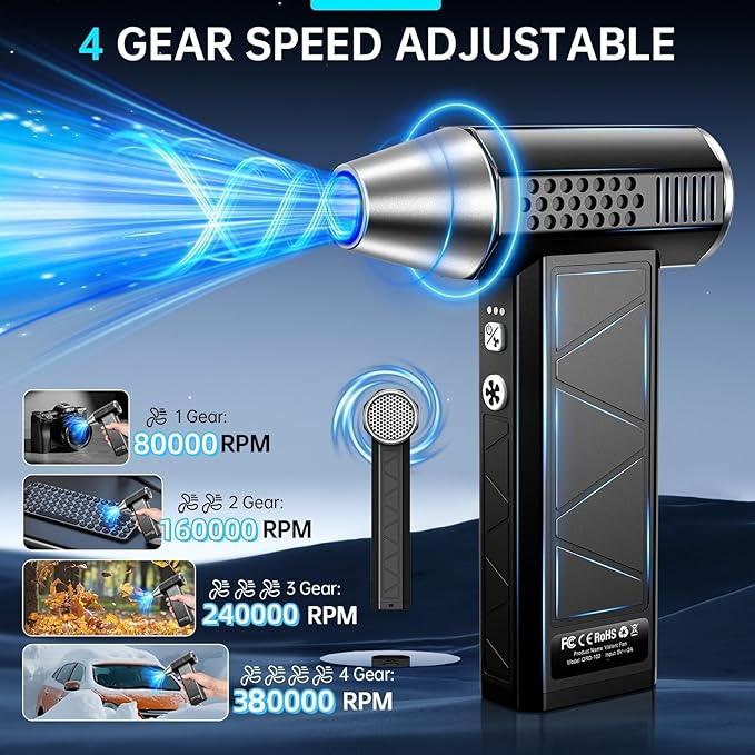 Compressed Air Duster, 380000RPM Electric Air Duster with LED Light, 4-Gear Adjustable Mini Handheld Air Blower Jet Turbo Fan Jet Dry Blower Rechargeable Air Blower Duster for Keyboard Car Home - NeatNest