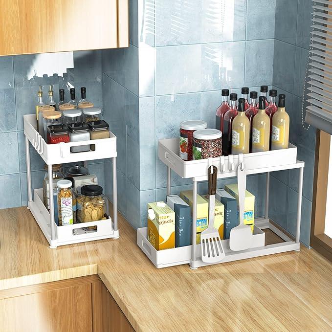 Under Sink Organizers and Storage, 2 Pack Large Capacity Heavy Load Double Pull-out Under Sink Shelves with Sliding Drawer for Kitchen and Bathroom, White - NeatNest