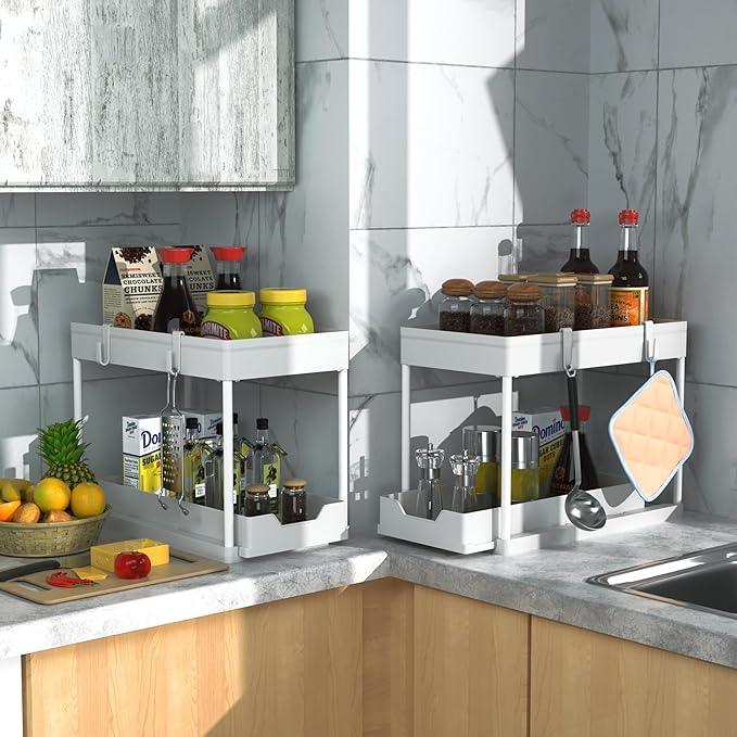 2 Pack Under Sink Organizer, 2 Tier Bathroom Cabinet Organizer with Sliding Basket, Multi-Purpose Under Sink Organizers and Storage for Bathroom Kitchen (White 2 Pack) - NeatNest