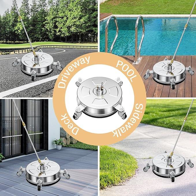 19" Pressure Washer Surface Cleaner with 4 Wheels, Stainless Steel Housing, 4000 PSI Max, 3 Connect Nozzles & 2 Extension Wands, Pressure Washer Surface Cleaner for Concrete, Patios, Sidewalks - NeatNest