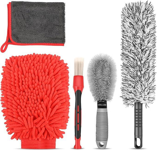 Preciva 5PCS Car Wheel & Tire Brush Kit -Car Cleaning Kit, Wheel Cleaner Brush, Soft-bristled Rim Brush, Car Drying Towel, Car Detailing Cleaning Wash Brush Supplies Kit for Interior Exterior Wheels - NeatNest