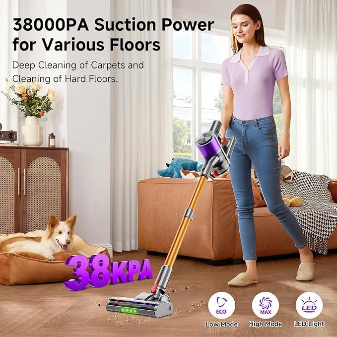 Cordless Stick Vacuum Cleaner, 38Kpa Powerful Suction Vacuum Cleaner with LED Headlight, Detachable Battery, 8-in-1 Lightweight Handheld Vacuums for Pet Hair Carpet and Hardwood Floor, Purple - NeatNest