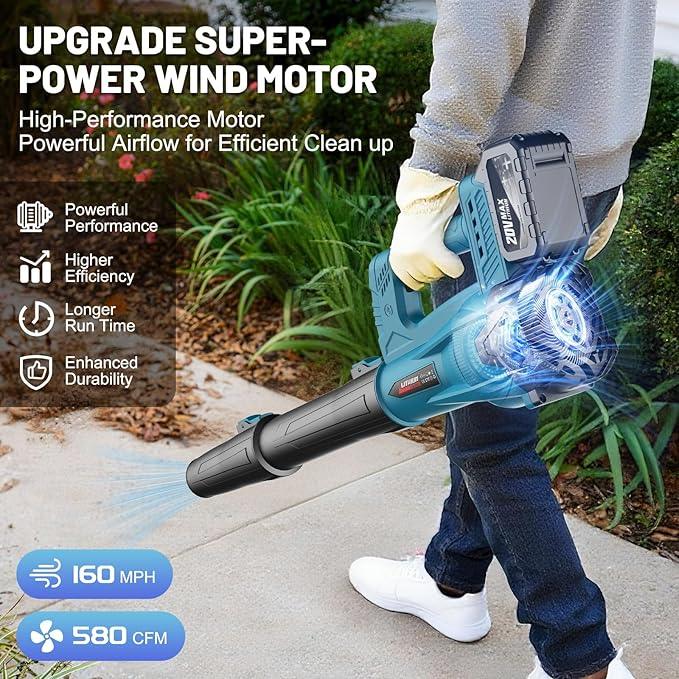 Leaf Blower Cordless with 2 x 4.0 Ah Battery and Charger, 160MPH/580CFM High Power Lightweight Handheld Electric Snow Blower with 2 Extended Tubes for Lawn, Yard, Leaves, Dust, Snow Care (Blue) - NeatNest