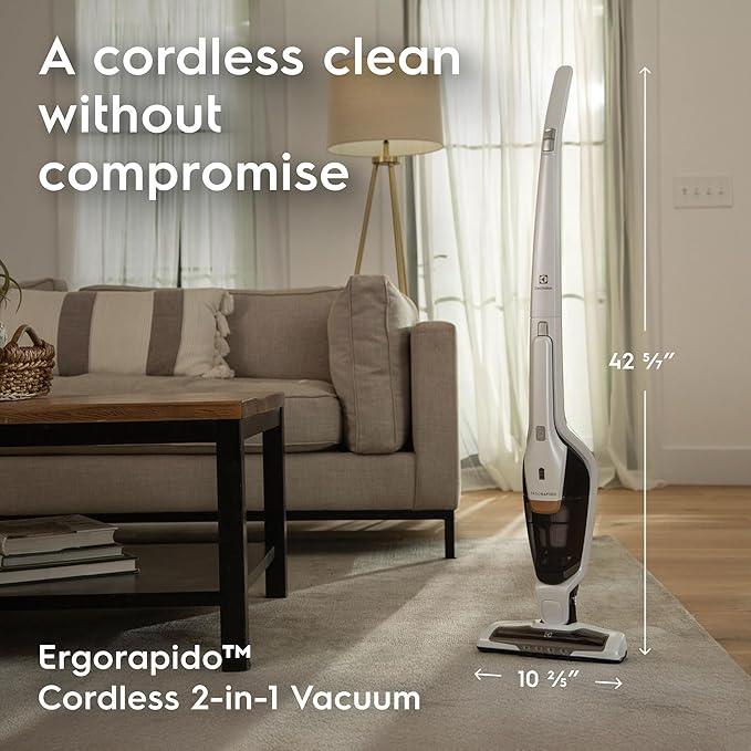 Electrolux Ergorapido Cordless 2-in-1 Vacuum Cleaner with High Suction Power and 180° EasySteer Mobility, 48-Minute Run Time, 2 Power Modes, Satin White - NeatNest