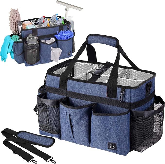 Large Wearable Cleaning Caddy Bag with Detachable Divider, Cleaning Organizer with Handles, Cleaning Supply Tote with Adjustable Shoulder Strap&Waist Belt for Cleaners & Housekeeper (Blue) - NeatNest