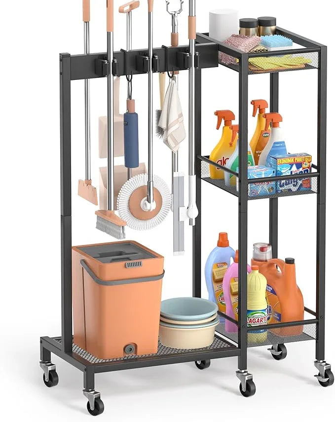 Broom Holder with Cleaning Supplies Organizer, Broom Closet Storage Cabinet with Cleaning Caddy, Cleaning Cart with Mop Hanger Gripper Rack Hooks,Janitorial Cart,Utility Carts Household Essentials - NeatNest