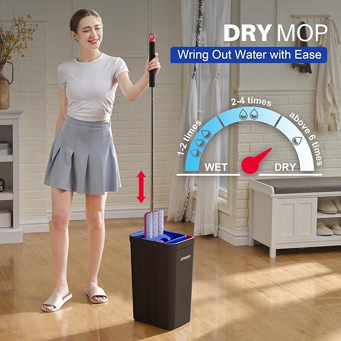 JOYMOOP Mop and Bucket with Wringer Set, Hands Free Flat Floor Mop and Bucket, with 4 Washable Microfiber Pads, Wet and Dry Use, Floor Cleaning System - Black+Red+Slate Blue - NeatNest