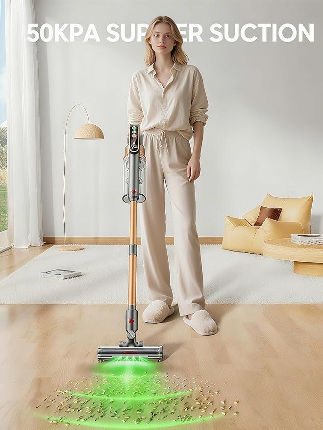 Cordless Vacuum Cleaner, 600W/50KPA/65Mins Vacuum Cleaners for Home, Super 1.8L Cup& Large LED Screen Stick Vacuum Anti-Tangle, Lightweight Cordless Vacuum with Charging Dock for Pet Hair/Carpet/Floor - NeatNest