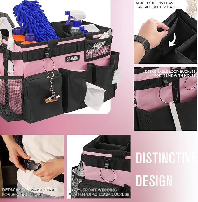 Wearable Cleaning Caddy Bag, Cleaning Caddy Supplies Organizer with Handle & Shoulder Straps for Housekeepers, Under Sink & Car Cleaning Tool Organizers with 4 Foldable Divider (SweetPink) - NeatNest