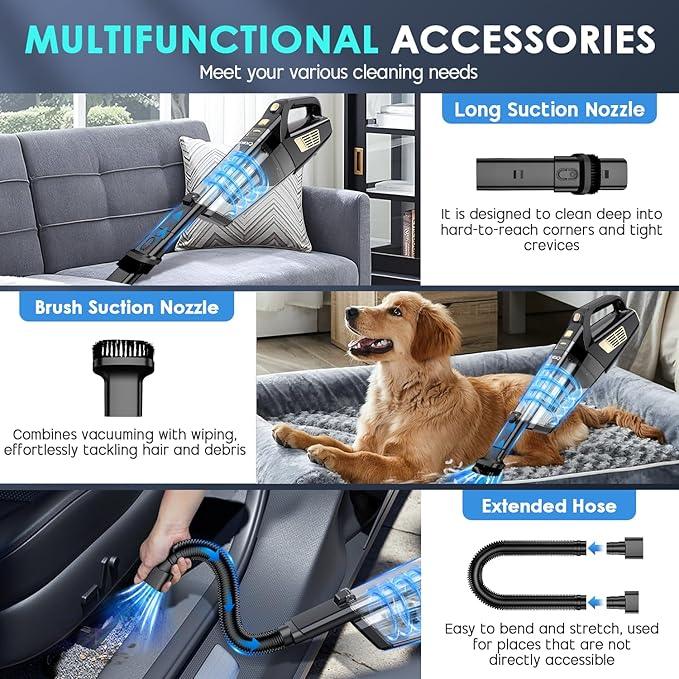 Handheld Vacuum Cordless, 15000PA Strong Suction Hand Held Car Vacuum Cleaner Portable with Multi-Nozzles & Washable Filter, Lightweight Dust Busters Rechargeable for Home, Car, Office, Pets - NeatNest