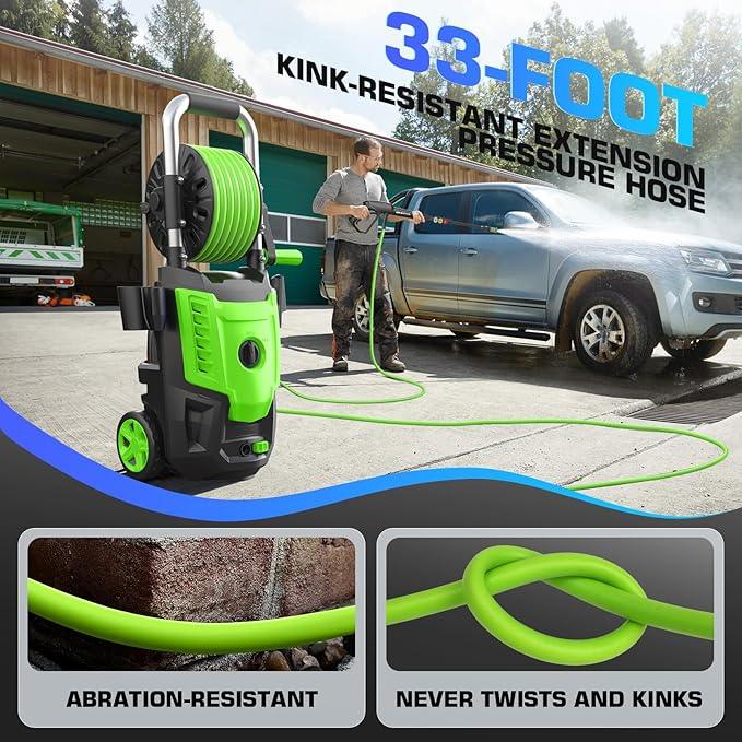 Pressure Cleaner- High Power Cleaner with 33FT Hose, 4 Nozzles and Foam Cannon, for Home, Cars, Fences, Patio, 2025 Upgraded(Green) - NeatNest