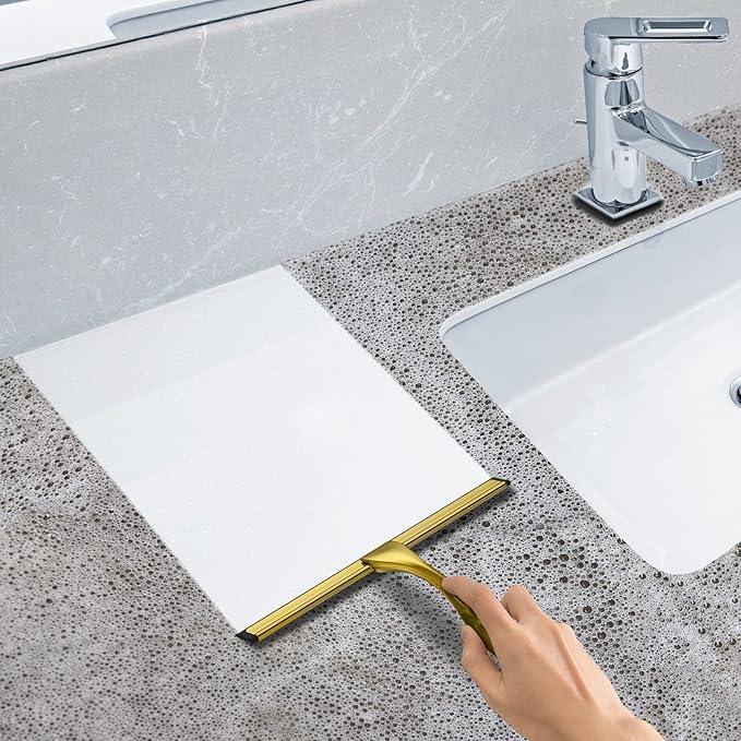All-Purpose Stainless Steel Shower Squeegee for Shower Doors with 2 Adhesive Hooks, Bathroom Cleaner Tool Household Window Mirror Squeegee for Home Cleaning, Glass Door, Tile Wall, Car, 10 Inch Golden - NeatNest
