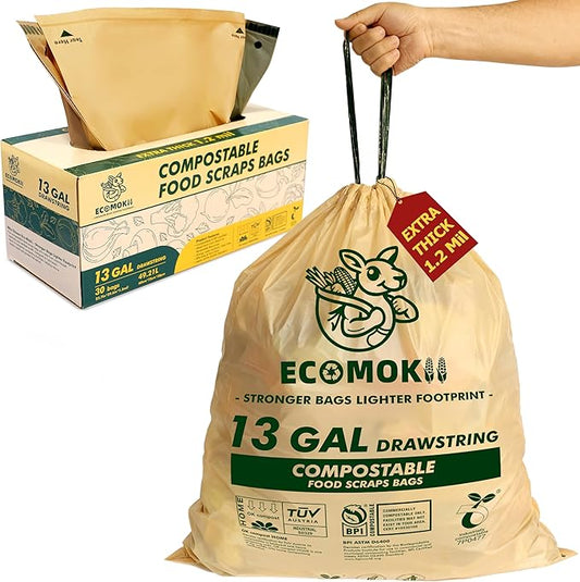 EcoMokii 13 Gallon Compostable Trash Bags with Drawstring, 30 Count, 49.2 Liter, 1.2 Mil Heavy Duty Extra Thick Large Kitchen Garbage Bin Liners, Compost Food Scraps Bag, BPI (ASTM D6400)