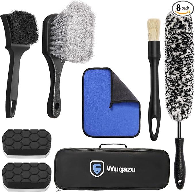Wuqazu 8PCS All-in-One Wheel & Tire Cleaning Kit - 360° Flexible Synthetic Wool Rim Brush, 2 Dual-Hardness Brushes, Dressing Pads & Storage Bag | Scratch-Free for All Vehicles - NeatNest