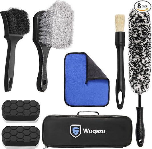Wuqazu 8PCS All-in-One Wheel & Tire Cleaning Kit - 360° Flexible Synthetic Wool Rim Brush, 2 Dual-Hardness Brushes, Dressing Pads & Storage Bag | Scratch-Free for All Vehicles - NeatNest