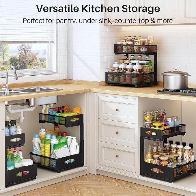 Under Sink Organizer, 2 Tier Pull Out Under Cabinet Organizer Shelf with Pad for Framed Cabinets, Metal Slide Out Under Sink Storage, Mesh Sliding Drawers for Kitchen Bathroom Laundry(Black, 1 Pack) - NeatNest