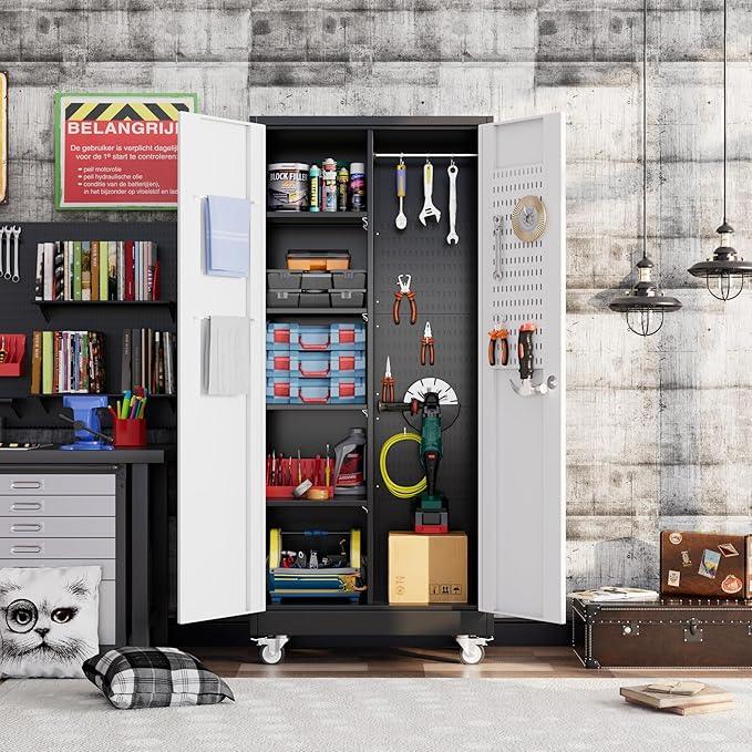 SUXXAN Broom Closet Storage Cabinet, Metal Cabinets with 13 Hooks and Hanging Rods, 71" Metal Storage Cabinet, Heavy Duty Cleaning Cabinet for Garage, Laundry Room - NeatNest