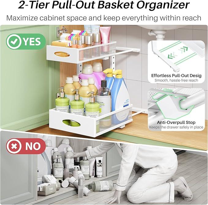 Under Sink Organizer, 1-Pack Pull Out Cabinet Organizer 2 Tier Metal Slide Out Storage Shelf Rack, L-Shaped Adjustable Height,Mesh Sliding Drawer for Kitchen, Bathroom, Laundry, Pantry, White, XL - NeatNest