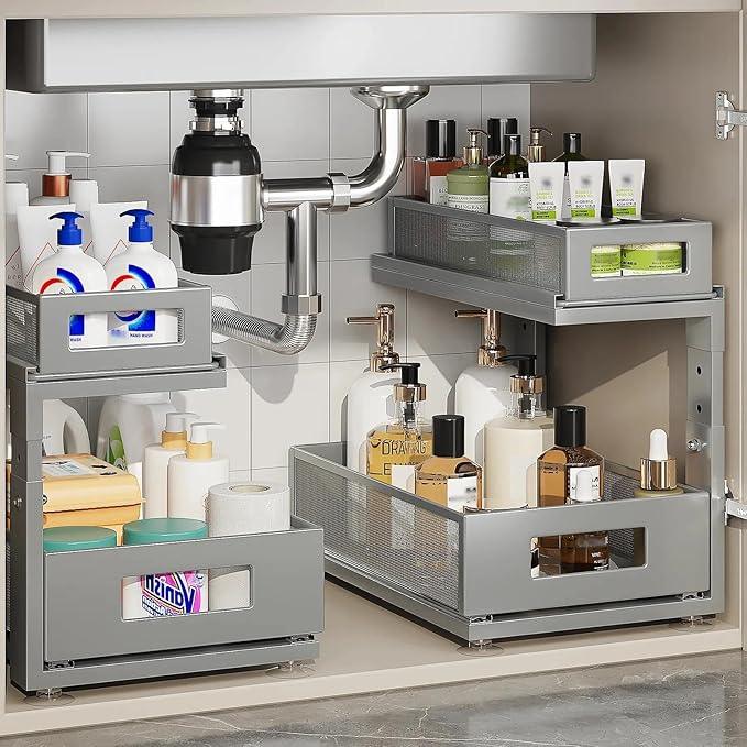 2 Pack 15.74IN-Depth Under Sink Organizer With Next-Gen Ball-Bearing Slides,2-Tier Pull Out Cabinet Storage,Height Adjustable Drawer Shelf for Bathroom,Kitchen,Laundry,Cabinet,Pantry-Gun Gray - NeatNest