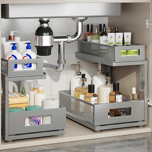 2 Pack 15.74IN-Depth Under Sink Organizer With Next-Gen Ball-Bearing Slides,2-Tier Pull Out Cabinet Storage,Height Adjustable Drawer Shelf for Bathroom,Kitchen,Laundry,Cabinet,Pantry-Gun Gray - NeatNest