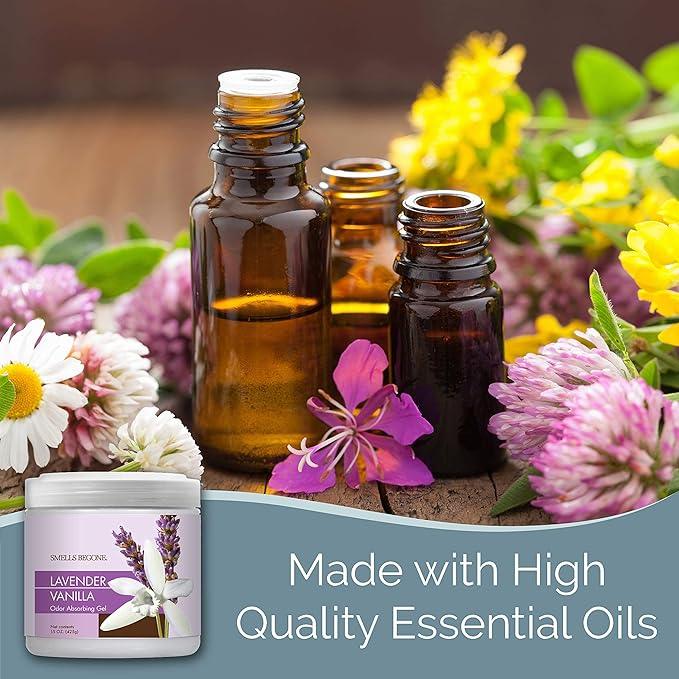 SMELLS BEGONE 15oz Gel Odor Eliminator - Absorb & Remove Tough Odors in Pet Areas, Bathrooms, Basements, Garage, Cars, RVs & Boats - Eliminate Odors with Essential Oils (Lavender Vanilla) - NeatNest