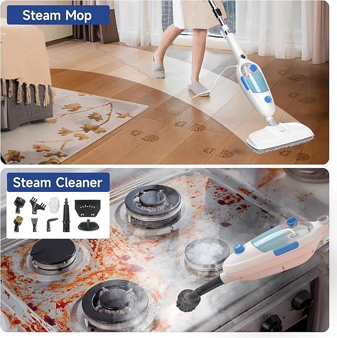 Steam Mop for Floor Cleaning, 10in1 Multi Purpose Handheld Steamer Cleaner Detachable for Vinyl, Laminate, Carpet, Tile Hard Floor Grout w/ 2 pad, 23ft Cord, 15oz Tank, Adjustable Steam & Height - NeatNest