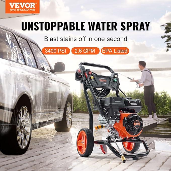 VEVOR Gas Powered Pressure Washer 3400 PSI 2.6 GPM, with Spray Gun and Extension Wand, 5 Quick Connect Nozzles, Copper Pump - NeatNest