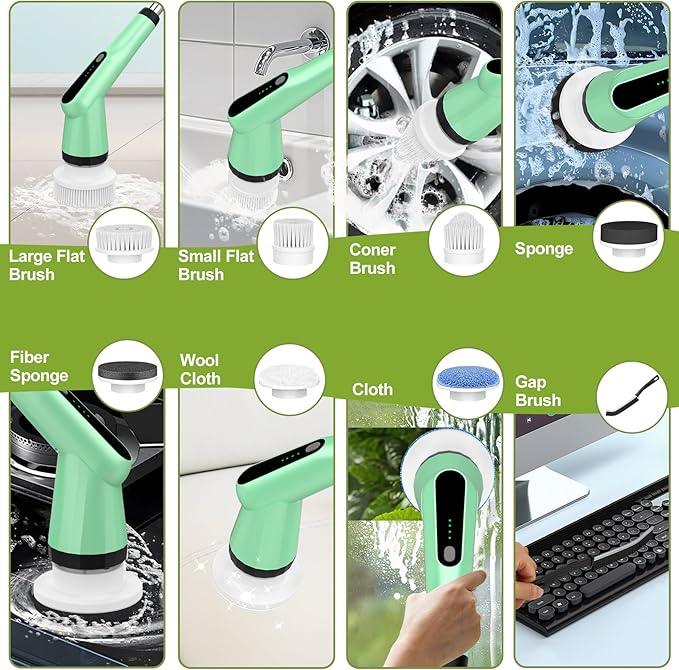 Electric Spin Scrubber, Shower Scrubber with Long Handle Adjustable, 2 Speed & 7 Replaceable Brush Heads Shower Cleaner Brush, Electric Scrubber for Cleaning Bathroom Tile Floor Bathtub Green - NeatNest