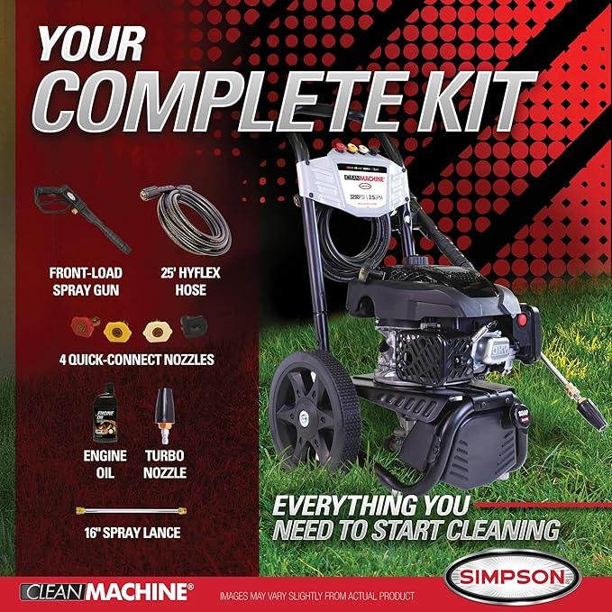 Simpson Cleaning 3200 PSI Gas Pressure Washer, 2.5 GPM Power Washer with Soap Tank and Turbo Nozzle, 25-Foot HyFlex Hose, Clean Machine, 49-State (CM61456) - NeatNest