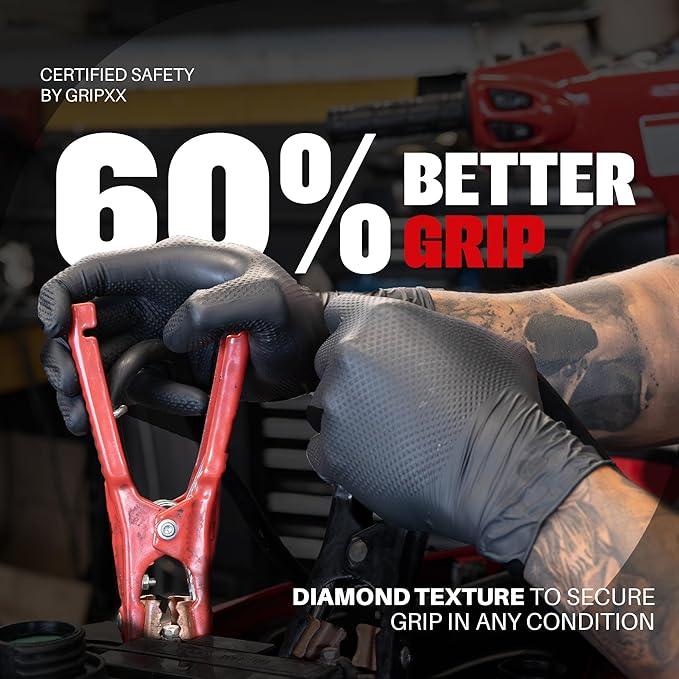 Herkules Grip Heavy Duty 8Mil Black Nitrile Gloves,3D Raised Diamond Texture-Latex & Powder-Free Industrial, Mechanic - NeatNest