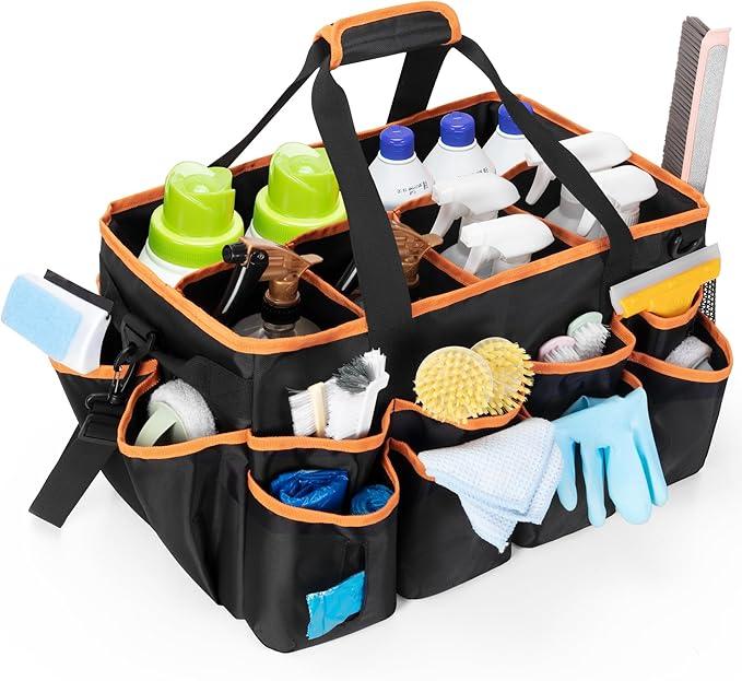 Extra-large Wearable Cleaning Caddy, Organizer Bag for Housekeeper with Pad, Handle & Divider, Car Wash Tools Bag for Detailing Supplies, Orange Edge - NeatNest