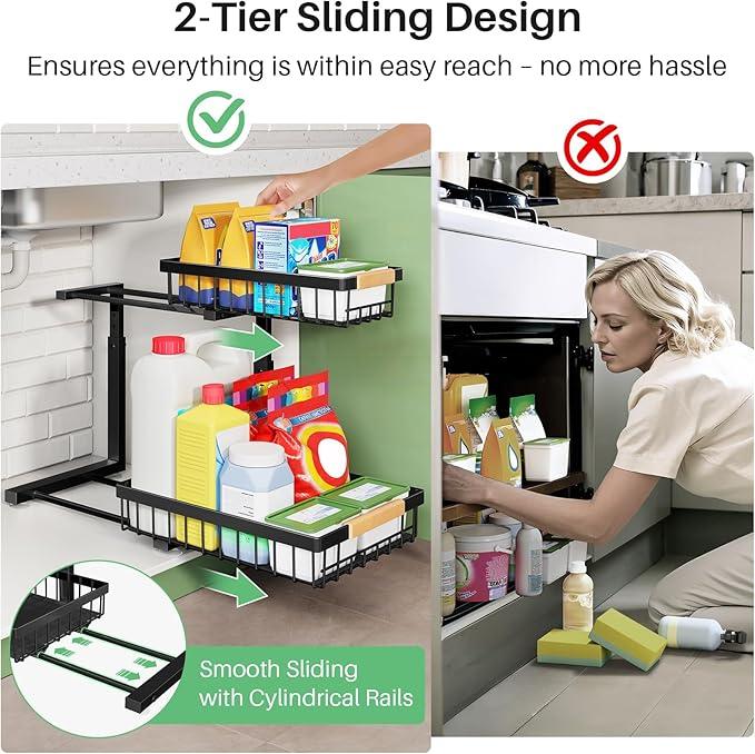 Pull out Cabinet Organizer, 2 Tier Under Sink Organizer, Slide out Metal Kitchen Cabinet Organizers Drawer Shelf, Sliding Storage Shelves for Kitchen Bathroom Pantry Cabinet Closet Organization Rack - NeatNest