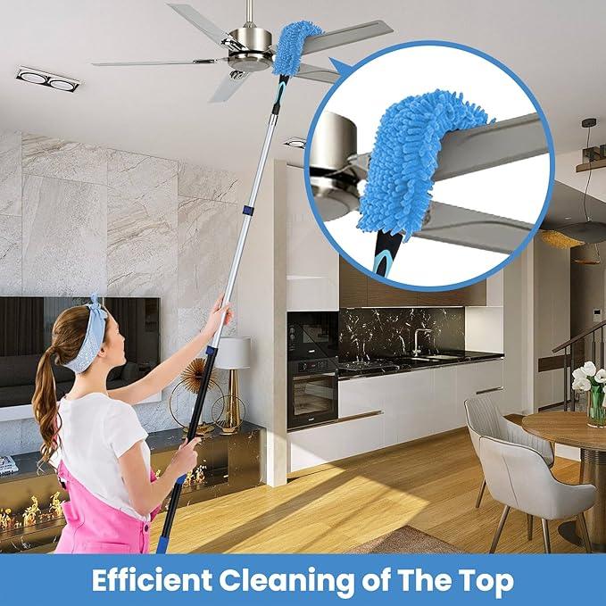 20ft High Ceiling Duster Kits with 5-12ft Heavy Duty Extension Pole - Fan Blade Cleaner, Cobweb Remover & Blue Window Squeegee Kit, Washable Dust Brush for High Roof and Glass Surfaces - NeatNest