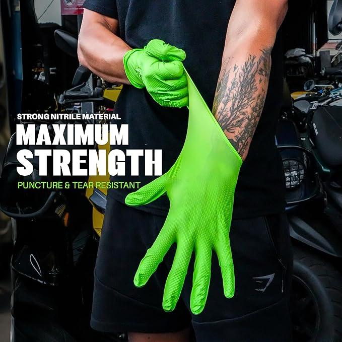 Herkules Grip Heavy Duty 8Mil Green Nitrile Gloves,3D Raised Diamond Texture-Latex & Powder Free-Industrial, Mechanic | Pack of (100 CT) - NeatNest