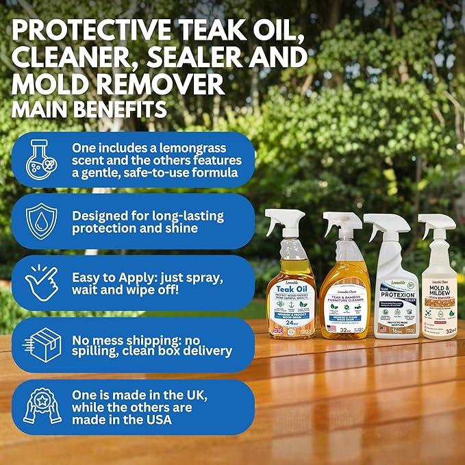 Loveable EcoDecors Complete Teak Care Bundle - 24oz Teak Oil, 32oz Cleaner, 16oz Protexion, and 32oz Stain Remover - NeatNest
