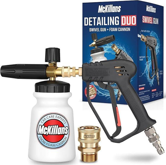 McKillans Pressure Washer Gun with Swivel & Foam Cannon Wide Mouth & M22-14mm Adapter - Adjustable Thick Foam - Power Washer Gun - 3/8" Male Plug & 1/4” Quick Connector Coupler - NeatNest