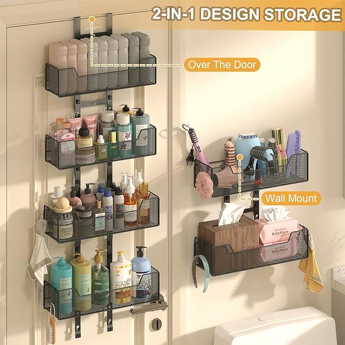 Over The Door Organizer, Metal Hanging Door Organizer with 6 Adjustable Baskets and 5 Hooks, Behind The Door Storage for Closet Cabinet Kitchen Bathroom Bedroom Pantry Organizer, Black - NeatNest
