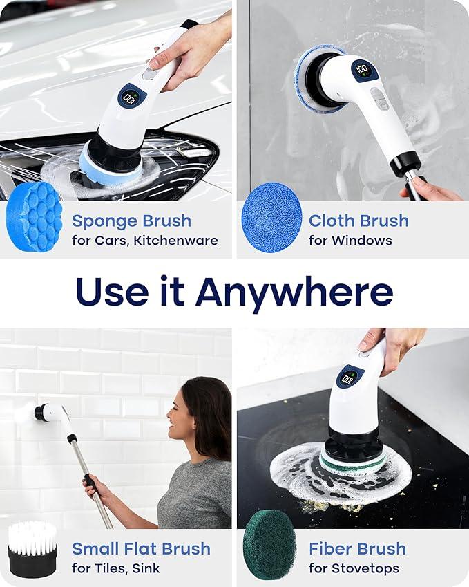Electric Spin Scrubber for Cleaning - Shower Scrubber with Long Handle and 7 Replaceable Heads - 2 Speed Cordless Shower Brush for Cleaning with Long Battery Life, White - NeatNest