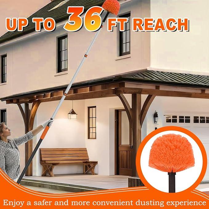 36FT Reach Cobweb Duster with Extension Pole, High Ceiling Long Duster with 7-30FT Telescoping Pole, Spider Web Brush for Indoor Outdoor Use - NeatNest