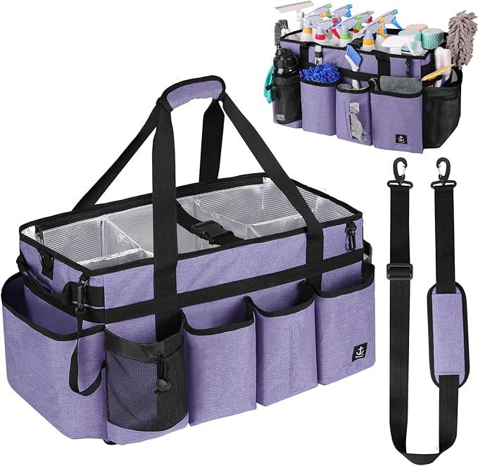 Extra large Cleaning Caddy Bag Built-in Sturdy Support Board, Cleaning Organizer with Detachable Divider, Cleaning Supply Tote with Adjustable Shoulder Strap (Purple, 19'' x 11'' x 11'') - NeatNest