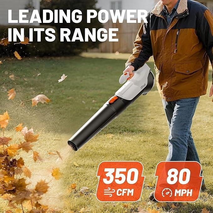 Litheli Cordless Leaf Blower with 2 Batteries (Works as Portable Power Bank), Ultra-Lightweight Electric Blower for Driveways, Patios & Decks, 2-Speed 350CFM for Dry Leaves, Dust & Car Drying - NeatNest